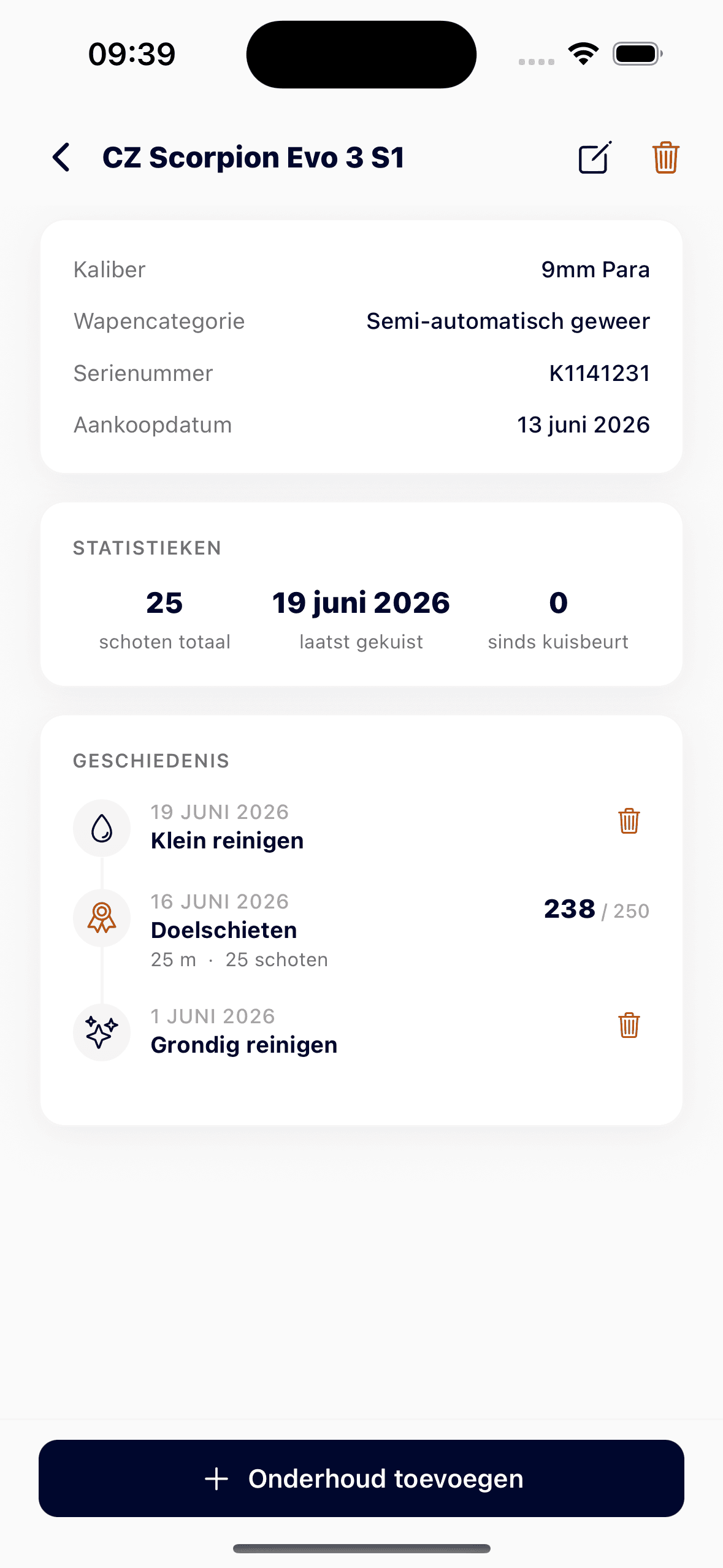 On Target Wapenlog: statistieken en onderhoudsgeschiedenis per wapen